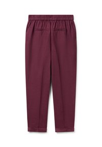 Pantalons violets foncés fuselés avec taille élastique, ourlets retroussés et deux poches passepoilées à l'arrière sur un fond blanc.