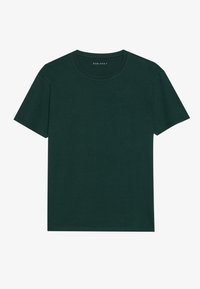 Mørkegrønn bomulls t-skjorte, kort erme, rund halslinning, ensfarget, glatt tekstur, enkelt design uten mønstre eller grafikk.