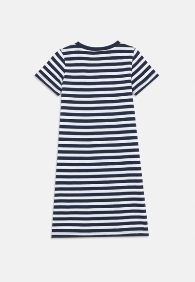 Φόρεμα με κοντά μανίκια σε ναυτικό μπλε και λευκό με οριζόντιες ρίγες, στρογγυλή λαιμόκοψη, κατασκευασμένο από απαλό ύφασμα και χαλαρή γραμμή.