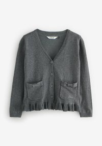 Cardigan grigio con scollo a V, polsini a coste e due tasche frontali con rifiniture a fiocco. Presenta un orlo frangiato e una chiusura con bottoni.