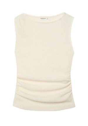 Ärmelloses, beiges, geripptes Strickoberteil mit rundem Ausschnitt und leichter Raffung an den Seiten, flach auf weißem Hintergrund liegend.