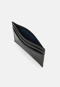 Black leather wallet with multiple card slots, a smooth texture, and a blue interior lining. Features minimal stitching and a sleek design.