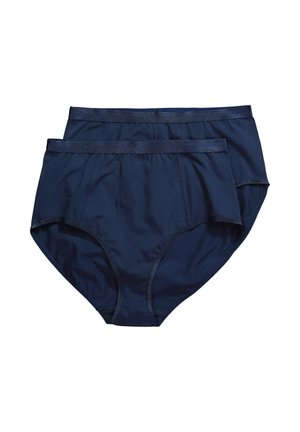 Two navy blue cotton briefs with elastic waistbands, laid flat on a white background.