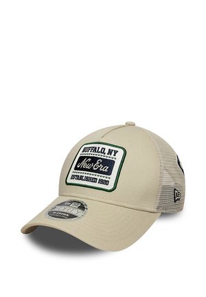 Beige mesh-back baseball cap with "Buffalo, NY New Era Established 1920" patch and curved brim with size sticker.