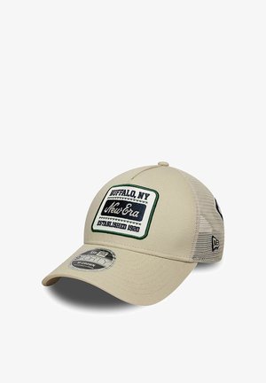 Beige mesh-back baseball cap with "Buffalo, NY New Era Established 1920" patch and curved brim with size sticker.