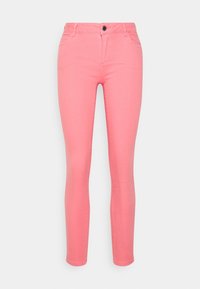 Jeans skinny de algodón mezclado rosa con una textura suave, que cuentan con un cierre de botón en la parte delantera, presillas para cinturón y cuatro bolsillos.