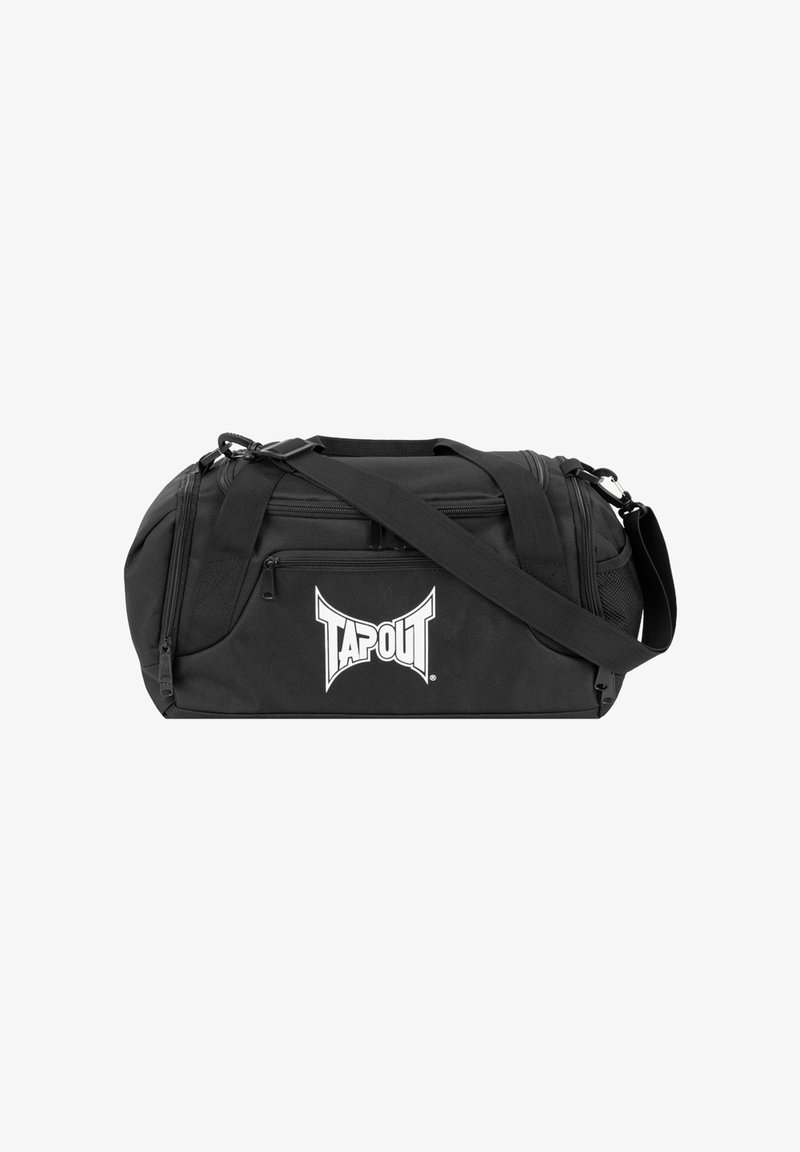 Bolsa de deporte negra hecha de un tejido duradero, con un gran logo blanco de TAPOUT, correa ajustable, compartimentos con doble cremallera y asas resistentes.