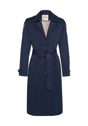 Navy blue trench coat made of lightweight fabric, featuring shoulder epaulettes, a tie belt, and large front buttons. Smooth texture, knee-length.