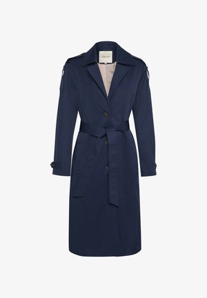 Abrigo trinchera azul marino hecho de un tejido ligero, que presenta hombreras, un cinturón de lazo y grandes botones frontales. Textura suave, de longitud hasta la rodilla.