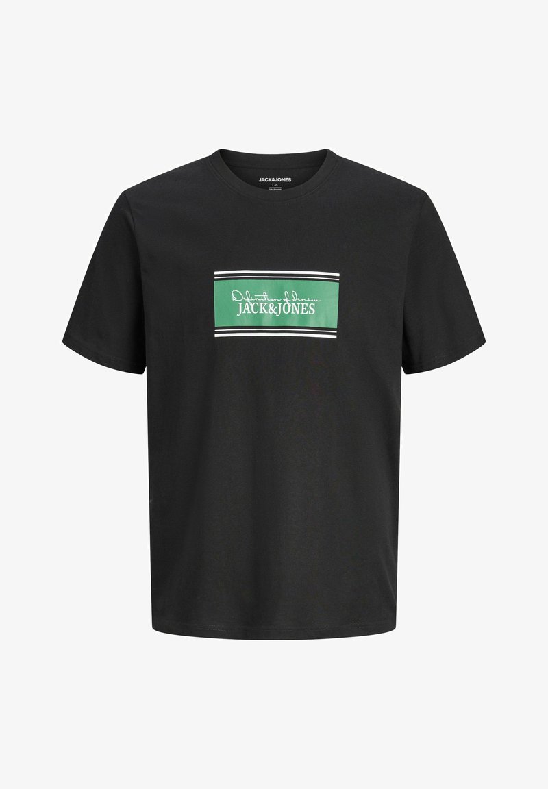 Μαύρο κοντομάνικο T-shirt με πράσινο ορθογώνιο λογότυπο και λευκό κείμενο "JACK&JONES" στο κέντρο του στήθους.