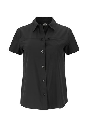 Black short-sleeve button-up shirt with collar and zippered chest pocket, displayed on white background.