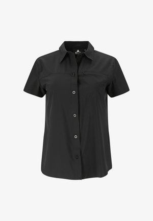 Black short-sleeve button-up shirt with collar and zippered chest pocket, displayed on white background.