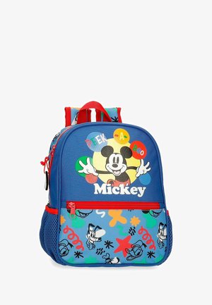 Mochila infantil azul con diseño de Mickey Mouse "Peek-A-Boo", cremallera roja, bolsillos laterales de malla y patrones abstractos multicolores.