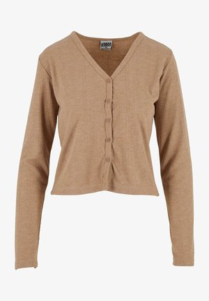 Brun ribbad långärmad cardigan med V-ringning, med en knappfront och en kortad nederkant. Mjuk textur och figursydd design.