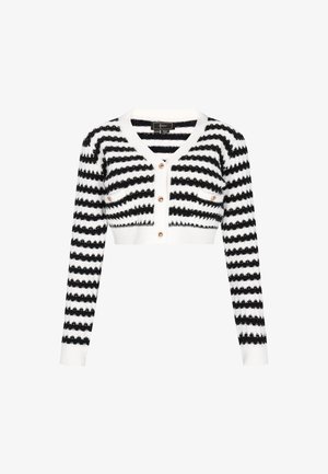 Fekete-fehér csíkos rövidített kardigán, puha kötött anyagból készült, V-kivágású, hosszú ujjak vannak rajta, és négy elülső gomb díszített zsebekkel.