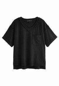 Zwarte katoenen t-shirt met een v-hals, korte mouwen, een enkele borstzak en rauwe randen, met een ontspannen pasvorm en een zachte textuur.