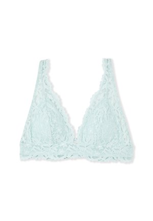 Hellblauer Spitzen-Bralette mit Blumenmustern, dreieckigen Cups und gewellten Kanten an Trägern und unterem Bund, flach auf weißem Hintergrund ausgelegt.