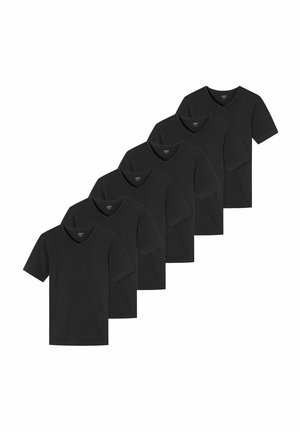 Five plain black V-neck short-sleeve T-shirts arranged in a staggered row on a white background.