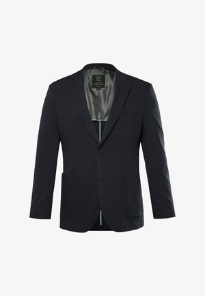 Granatowa marynarka wykonana z gładkiego materiału, z zamkiem na jeden guzik, dwoma przednimi kieszeniami i satynowym wykończeniem wnętrza. Klasyczny projekt z klapami.