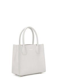 Borsa tote in pelle grigia chiara con forma strutturata, doppio manico superiore e chiusura a zip. Presenta un marchio discreto sul davanti.