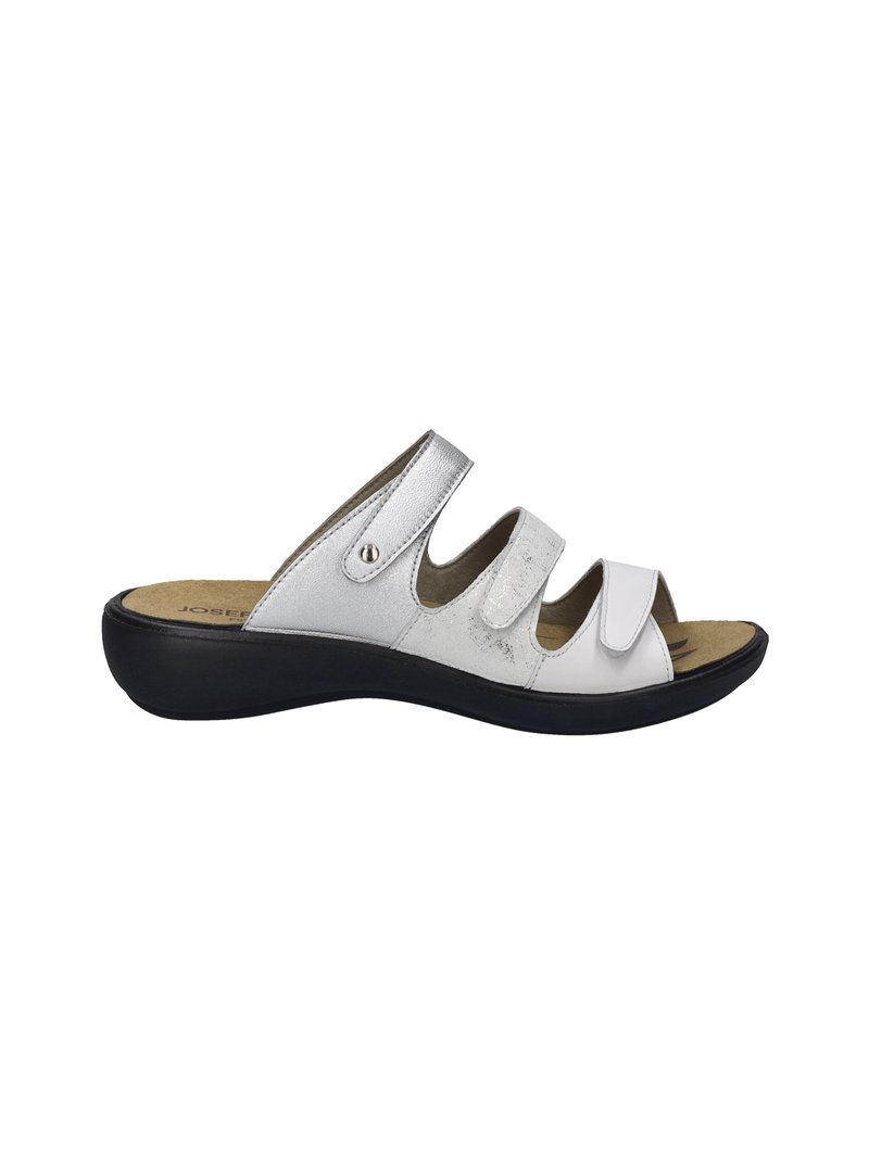 Silver slide sandal with three adjustable straps, black sole, and cushioned footbed, featuring a smooth leather upper and minimal hardware.