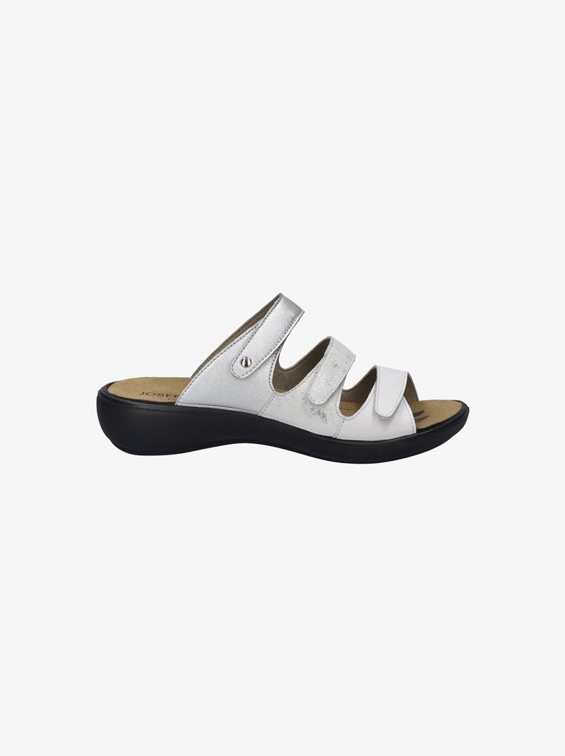 Silver slide sandal with three adjustable straps, black sole, and cushioned footbed, featuring a smooth leather upper and minimal hardware.