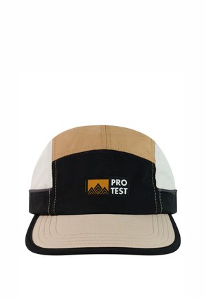 Beige, black, and white color-blocked cap with a flat brim and a rectangular "PRO TEST" logo patch on the front panel.