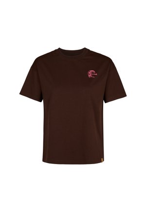 Brown cotton T-shirt with a round neckline and short sleeves. Features a small pink logo on the chest and a straight hem.