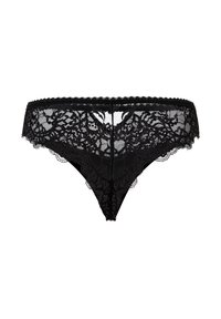 Tanga de encaje negro con patrones florales, bordes con forma de concha y una textura de tela suave. Presenta un diseño de talle bajo y detalles de acabado delicados.