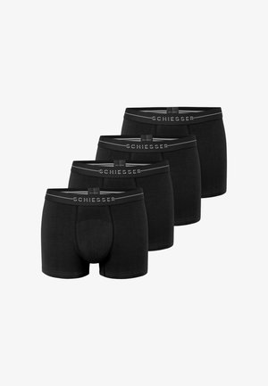 Caleffo boxer neri realizzati in tessuto morbido, con un elastico in vita marchiato con "SCHIESSER" in grigio. Quattro paia in esposizione.