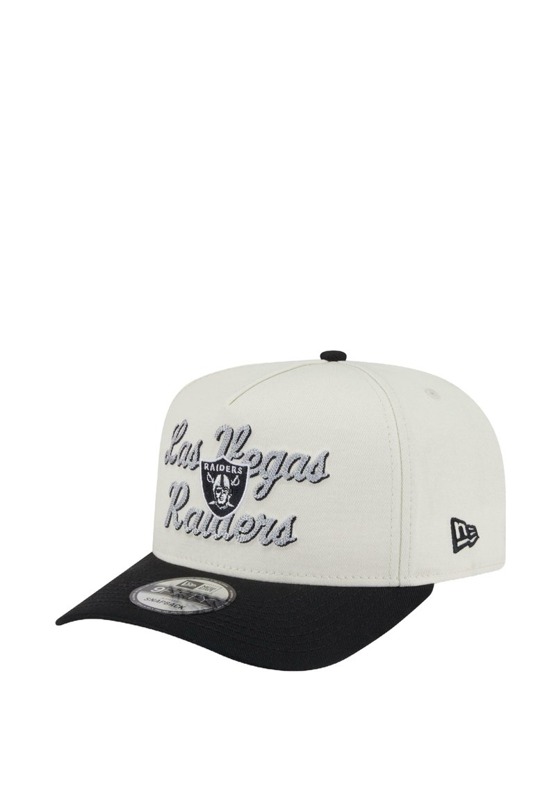 White baseball cap with a black visor, featuring embroidered "Las Vegas Raiders" text and logo in gray. Structured design and flat brim.