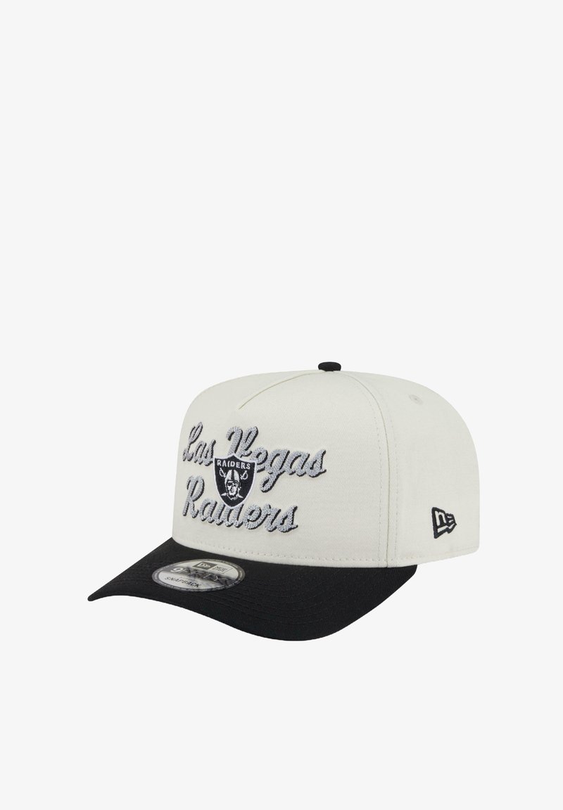 White baseball cap with a black visor, featuring embroidered "Las Vegas Raiders" text and logo in gray. Structured design and flat brim.