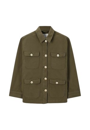 Veste olive en tissu, dotée d'un col, de six poches avant et de boutons métalliques sur le devant.