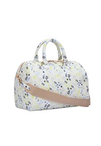 White handbag with heart patterns in yellow, black, and blue. Features two handles and a removable beige shoulder strap. Gold hardware accents.