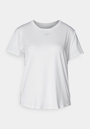 Vit T-shirt med kort ärm tillverkad av slätt material, med rund halsringning och en liten grå Nike-logotyp på bröstet.