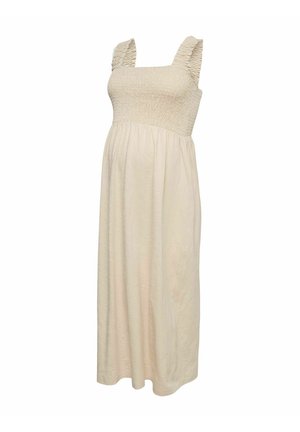 Robe midi beige sans manches avec encolure carrée froncée et larges bretelles volantées, avec un corsage smocké et une jupe fluide.