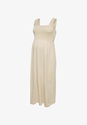 Robe midi beige sans manches avec encolure carrée froncée et larges bretelles volantées, avec un corsage smocké et une jupe fluide.