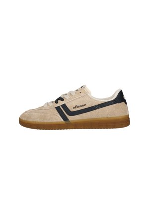 Low-top beige suede sneaker with black stripes, white laces, gum rubber sole, and "ellesse" logo on the side.