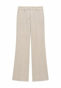 Beige leveät housut valmistettu sileästä, kevyestä kankaasta, jossa on kaksi etutaskua ja litteä vyötärö, joka antaa istuvan ilmeen.