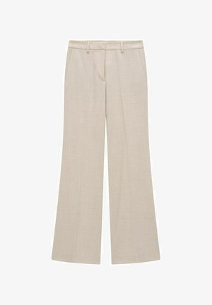 Beige wide-leg trousers featuring a smooth, lightweight fabric with two side pockets and a flat waistband for a tailored fit.