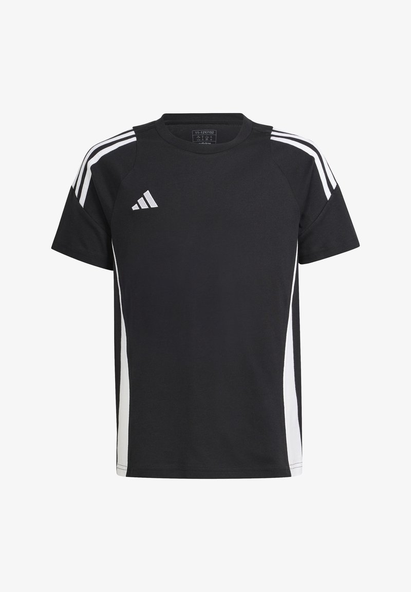 Black athletic t-shirt with white side stripes and Adidas logo on the chest. Short sleeves, round neck, made of breathable fabric.