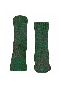 Zielone, dziane skarpety z teksturowanym wzorem, z prążkowanym ściągaczem i stopniowymi zmianami kolorów, zaprojektowane dla ciepła i wygody.