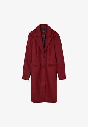 Manteau en laine bourgogne avec un col cranté, deux poches avant et deux boutons noirs, présentant une doublure intérieure lisse.