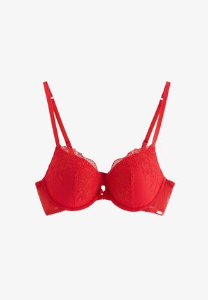 Soutien-gorge imbottito in pizzo rosso con ricami floreali, spalline doppie regolabili e un piccolo fiocco con un accento in perla al centro davanti.