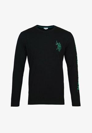 Schwarzes Langarmshirt mit kleinem grünem Polo-Spieler-Logo auf der linken Brust und grünem Text entlang des rechten Ärmels.