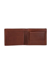 Brun læderpung, bifold design, med flere kortlommer til venstre og en enkelt lomme til højre. Glat tekstur, minimalistisk stil.
