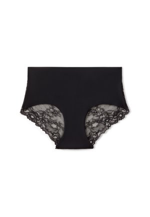 Mutandine a vita alta nere per donne, con pannelli in pizzo floreale sui lati e tessuto liscio davanti e dietro.