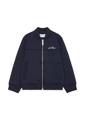 Námornícka modrá bunda na zips z jemnej látky, s okrúhlym výstrihom, prednými vreckami a vyšitým logom značky na hrudi.