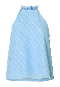 Top reggiseno azzurro chiaro realizzato in tessuto testurizzato, con righe verticali e bordi sfilacciati, e una legatura sul collo nella parte posteriore per la regolazione.