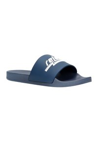 Sandalo scivoloso blu navy realizzato in materiale sintetico, con una larga fascia e logo bianco e suola piatta. Texture liscia.